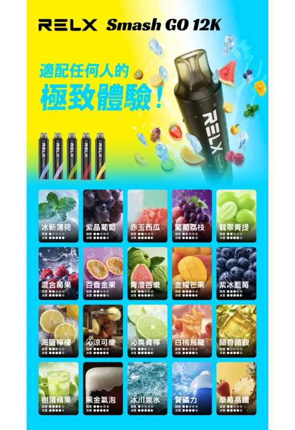 060656f31fdfa9181452a8b28971035c.webp RELX Smash Go 12000口拋棄式電子煙|旗艦續航設計・澎湃霧化體驗・潮流便攜享受