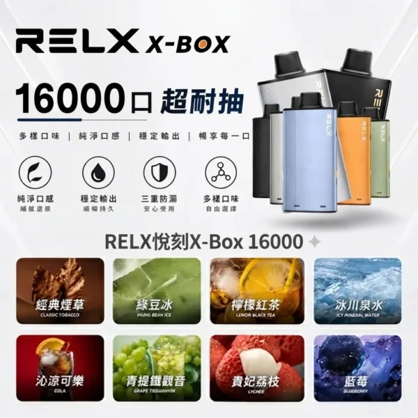 RELX 悅刻 X-BOX 16000口專用換彈拋棄式電子煙套裝｜雙段功率調節・網狀芯爆發力・換彈長效續航